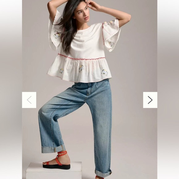 Anthropologie Embroidered Puff Sleeve Top EUC - Picture 2 of 9